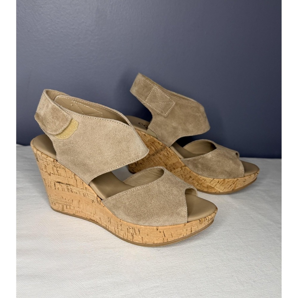 Cordani Sandals Womens 6 / 36 Beige Soft Suede Cork Wedge Slingback Luxury Italy